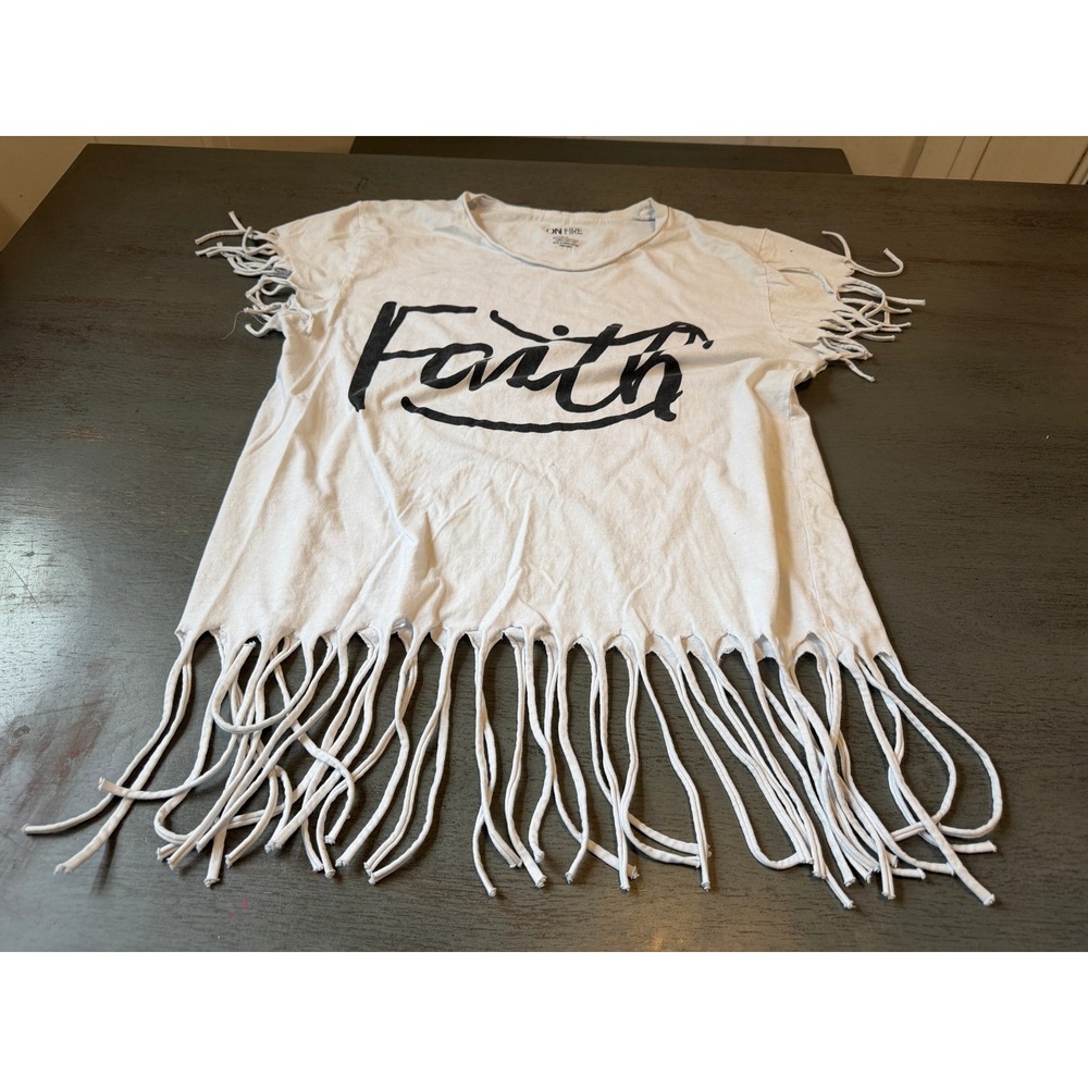 On Fire Faith Christian Fringe Graphic Tee White Cotton 2X Worry Ends When Faith